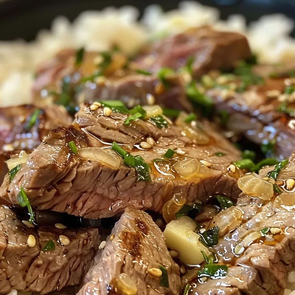 ['A close-up side view of a skillet filled with Honey Garlic Butter Steak and rice.', 'Juicy steak strips and rice glistening with honey garlic butter, captured in a skillet.', 'Close-up of a delicious meal featuring steak and rice in a rich sauce, served in a skillet.', 'Side view of a flavorful Honey Garlic Butter Steak and Rice dish in a frying pan.']