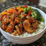 Close up of a Hot Honey Chicken Bowl with colorful vegetables and rice.