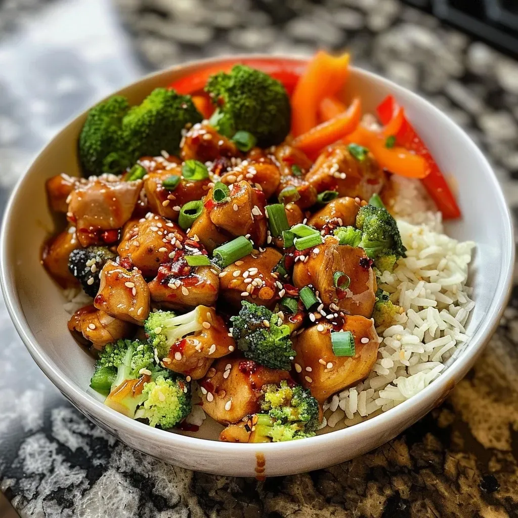 Side view of a delicious Hot Honey Chicken Bowl featuring tender chicken and vibrant veggies.