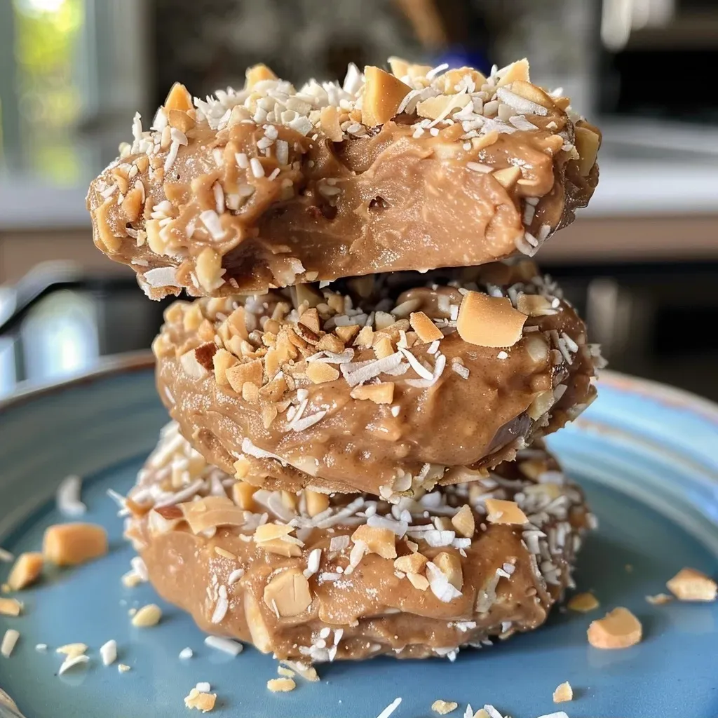 Close-up of keto no-bake cookies with a glossy finish on a wooden surface.