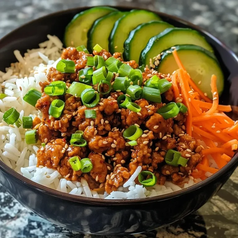 ['A close-up view of a Korean Ground Turkey Rice Bowl featuring colorful ingredients.', 'A side view of a bowl filled with Korean Ground Turkey, rice, and fresh vegetables.', 'Juicy Korean Ground Turkey Rice Bowl garnished with green onions and sesame seeds.', 'A vibrant rice bowl showcasing ground turkey, rice, and assorted fresh toppings.']
