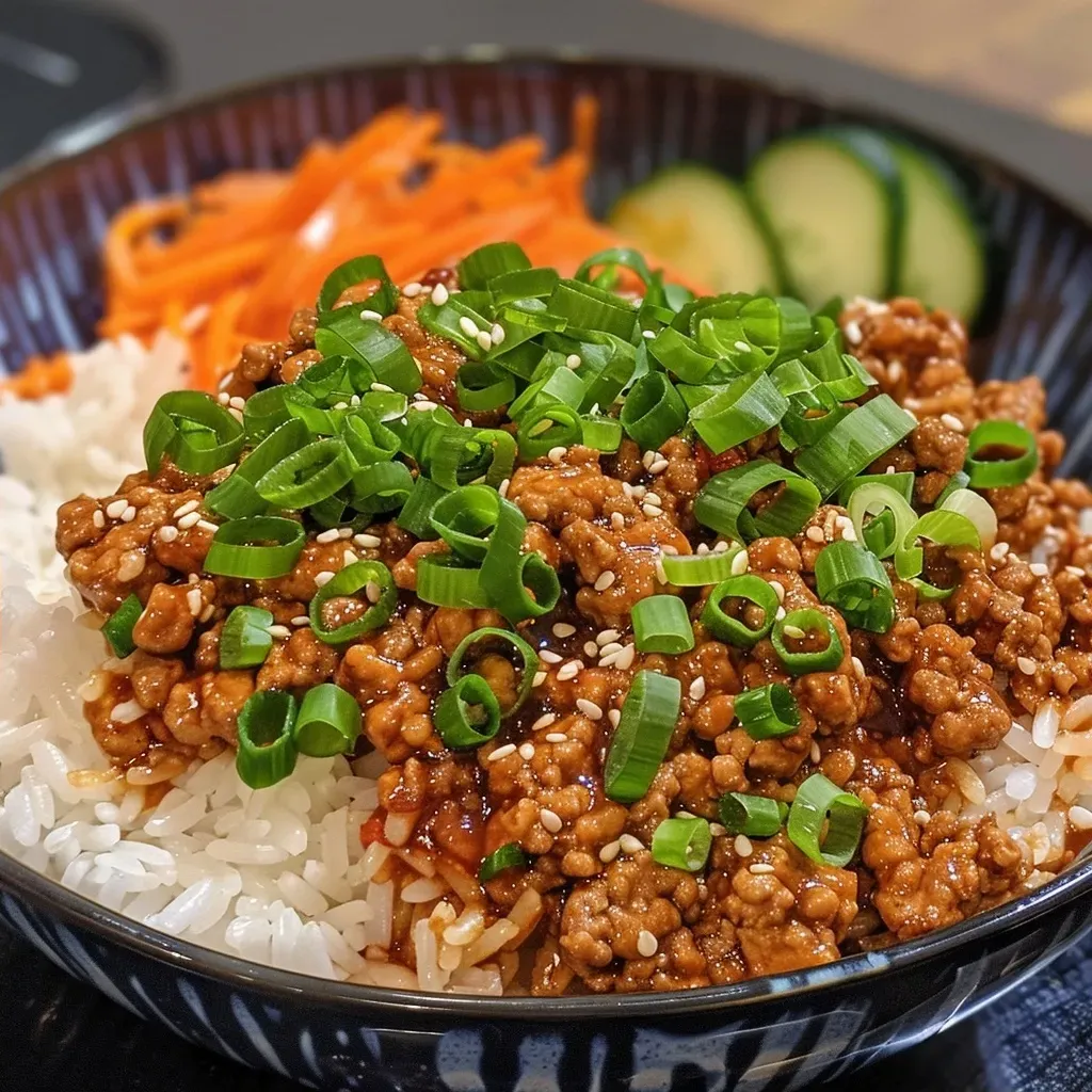 ['A close-up view of a Korean Ground Turkey Rice Bowl featuring colorful ingredients.', 'A side view of a bowl filled with Korean Ground Turkey, rice, and fresh vegetables.', 'Juicy Korean Ground Turkey Rice Bowl garnished with green onions and sesame seeds.', 'A vibrant rice bowl showcasing ground turkey, rice, and assorted fresh toppings.']