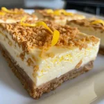 ['Close-up view of a sliced Lemon Cheesecake Protein Bar on a plate, showcasing its creamy texture.', 'Side view of delicious Lemon Cheesecake Protein Bars with a smooth lemony topping and a crumbly base.', 'Juicy Lemon Cheesecake Protein Bars displayed on a wooden surface, highlighting their vibrant yellow color.', 'A beautiful arrangement of Lemon Cheesecake Protein Bars, emphasizing the fresh lemon zest on top.']
