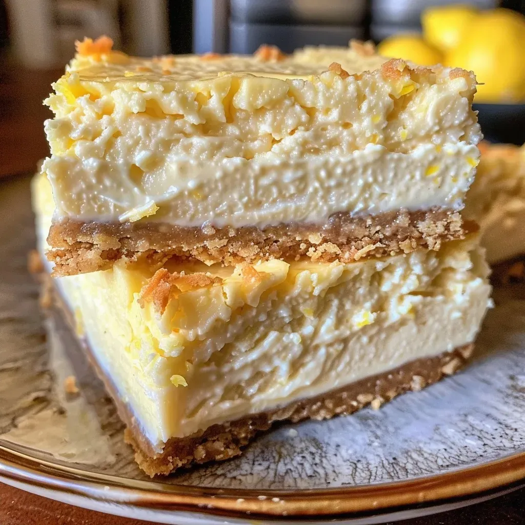 ['Close-up view of a sliced Lemon Cheesecake Protein Bar on a plate, showcasing its creamy texture.', 'Side view of delicious Lemon Cheesecake Protein Bars with a smooth lemony topping and a crumbly base.', 'Juicy Lemon Cheesecake Protein Bars displayed on a wooden surface, highlighting their vibrant yellow color.', 'A beautiful arrangement of Lemon Cheesecake Protein Bars, emphasizing the fresh lemon zest on top.']