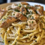 ['A close-up side view of a creamy lemon garlic chicken pasta dish with vibrant parsley garnish.', 'Juicy lemon garlic chicken pasta presented in a bowl, showcasing spaghetti and fresh herbs.', 'An appetizing plate of chicken pasta, featuring lemon zest and garnished with grated Parmesan.', 'A detailed shot of lemon garlic chicken pasta, highlighting the tender chicken and flavorful ingredients.']