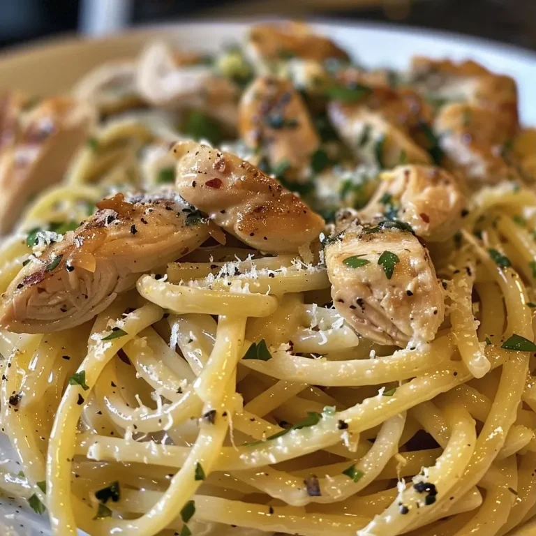 ['A close-up side view of a creamy lemon garlic chicken pasta dish with vibrant parsley garnish.', 'Juicy lemon garlic chicken pasta presented in a bowl, showcasing spaghetti and fresh herbs.', 'An appetizing plate of chicken pasta, featuring lemon zest and garnished with grated Parmesan.', 'A detailed shot of lemon garlic chicken pasta, highlighting the tender chicken and flavorful ingredients.']