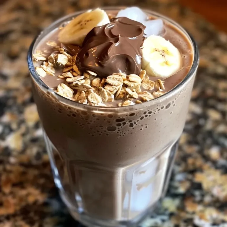 ['Close-up of a creamy Low Calorie Protein Oatmeal Smoothie in a glass, showcasing its rich chocolate color.', 'Side view of a delicious oatmeal smoothie, with visible layers and ingredients like banana and almond butter.', 'Thick and frothy protein smoothie in a clear glass, featuring a banana slice on top and oats blended within.', 'Juicy Low Calorie Protein Oatmeal Smoothie with ice cubes, highlighting its refreshing texture and appealing color.']