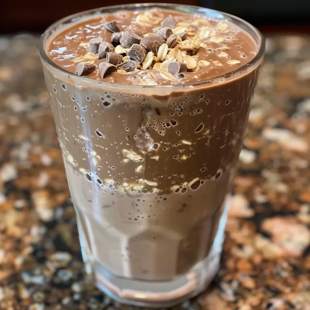 ['Close-up of a creamy Low Calorie Protein Oatmeal Smoothie in a glass, showcasing its rich chocolate color.', 'Side view of a delicious oatmeal smoothie, with visible layers and ingredients like banana and almond butter.', 'Thick and frothy protein smoothie in a clear glass, featuring a banana slice on top and oats blended within.', 'Juicy Low Calorie Protein Oatmeal Smoothie with ice cubes, highlighting its refreshing texture and appealing color.']