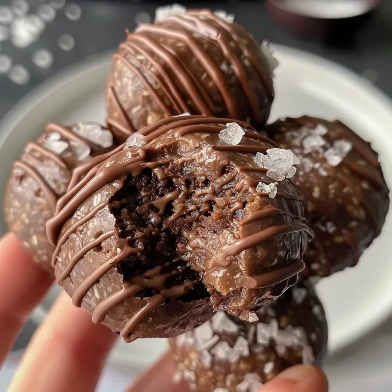 ['Close up of low carb chocolate protein balls with a glossy dark chocolate coating.', 'Side view of protein balls made from chocolate protein powder and sunflower seed butter.', 'A cluster of rich, dark chocolate protein balls sprinkled with flaked sea salt.', 'Juicy chocolate protein balls lying on a wooden surface with a smooth texture.']