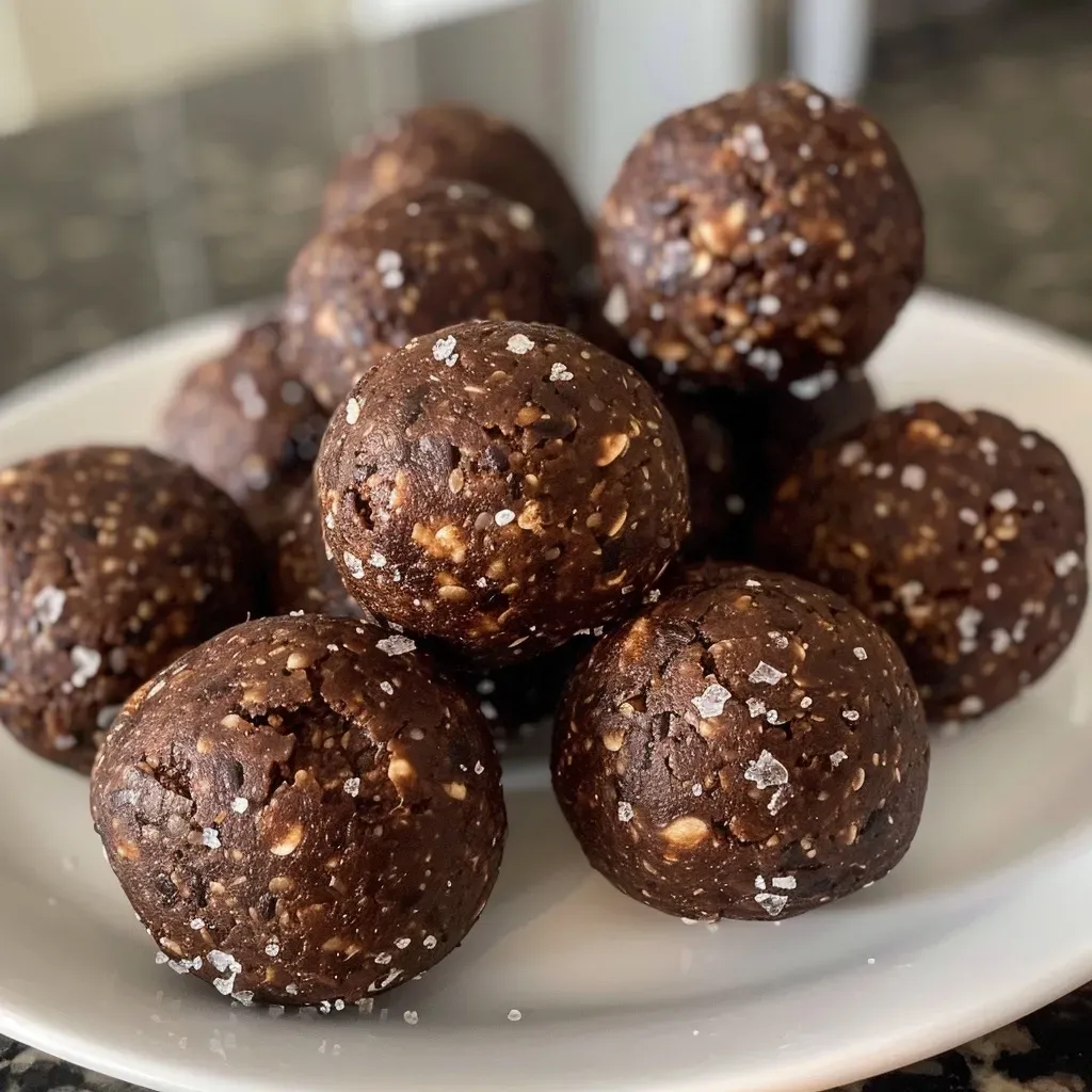 ['Close up of low carb chocolate protein balls with a glossy dark chocolate coating.', 'Side view of protein balls made from chocolate protein powder and sunflower seed butter.', 'A cluster of rich, dark chocolate protein balls sprinkled with flaked sea salt.', 'Juicy chocolate protein balls lying on a wooden surface with a smooth texture.']