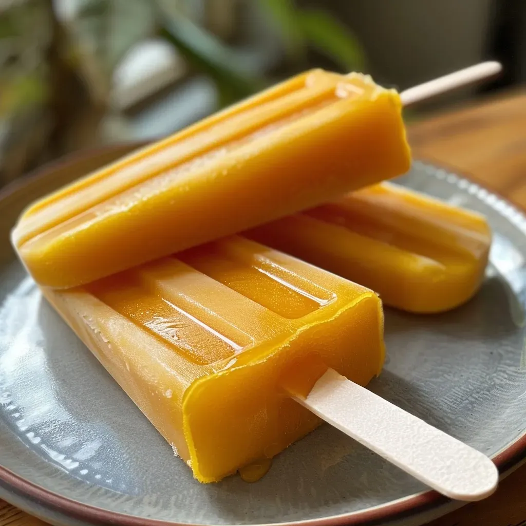 Close-up of a vibrant mango popsicle, showcasing its smooth texture and bright yellow color.