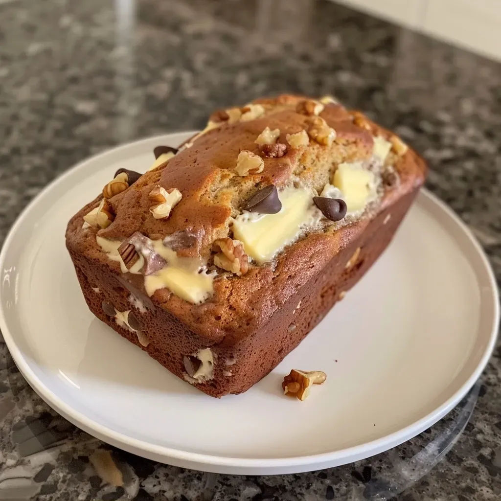 ['Close-up of mini banana bread slice with chocolate chips and walnuts.', 'Side view of a moist mini banana bread showcasing its texture and ingredients.', 'Juicy mini banana bread on a plate with visible chocolate chips and walnuts.', 'Detailed view of a mini banana bread slice, highlighting its soft interior and toppings.']