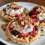 ['Close-up view of mini waffle sandwiches filled with whipped cream cheese and sliced strawberries.', 'Side angle photo of mini waffle sandwiches, showcasing colorful mixed berries and almonds on the side.', 'Delicious mini waffle sandwiches with cream cheese and fresh strawberries, arranged for a lunchbox.', 'An appetizing display of mini waffle sandwiches surrounded by berries, emphasizing their freshness.']