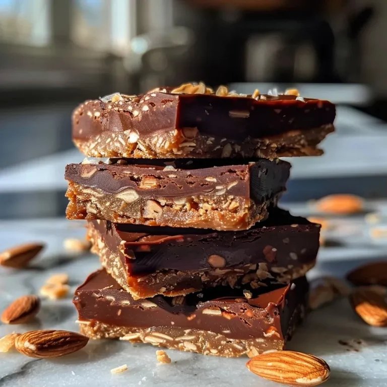 ['Close-up side view of No-Bake Almond Butter Cup Bars with a rich chocolate coating.', 'A delicious No-Bake Almond Butter Cup Bar, showcasing layers of almond butter and chocolate.', 'Mouthwatering No-Bake Almond Butter Cup Bars, featuring a dark chocolate drizzle and nut toppings.', 'Side view of a sliced No-Bake Almond Butter Cup Bar, revealing its creamy almond center.']