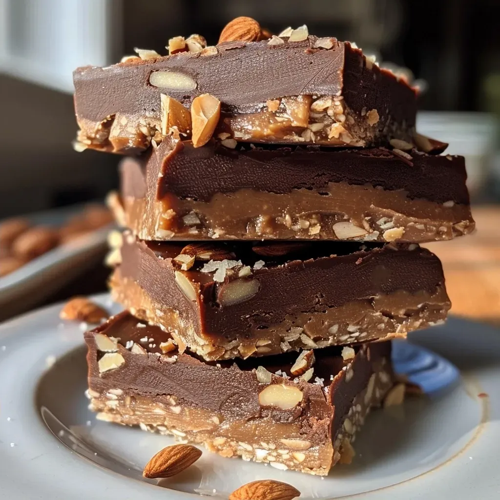 ['Close-up side view of No-Bake Almond Butter Cup Bars with a rich chocolate coating.', 'A delicious No-Bake Almond Butter Cup Bar, showcasing layers of almond butter and chocolate.', 'Mouthwatering No-Bake Almond Butter Cup Bars, featuring a dark chocolate drizzle and nut toppings.', 'Side view of a sliced No-Bake Almond Butter Cup Bar, revealing its creamy almond center.']