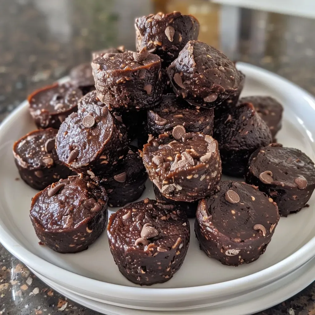 ['A close-up view of no-bake brownie bites with a rich chocolate texture.', 'Side view of delicious no-bake brownie bites topped with mini chocolate chips.', 'Juicy chocolate brownie bites displayed on a plate, highlighting their smooth surface.', 'A tempting arrangement of no-bake brownie bites, showcasing their dark cocoa color.']
