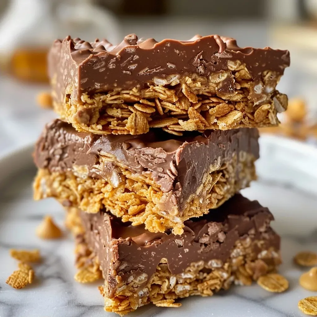 ['Close-up view of no-bake chocolate cereal bars with a glossy chocolate layer on top.', 'Side view of a stack of no-bake chocolate cereal bars showcasing its crunchy texture.', 'Delicious-looking no-bake chocolate cereal bars with a drizzle of chocolate and cereal flakes visible.', 'A close-up of chocolate cereal bars displaying a rich, shiny chocolate coating and a crispy base.']