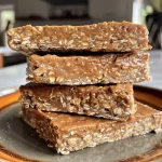 Close-up side view of juicy no-bake protein oat bars on a plate.