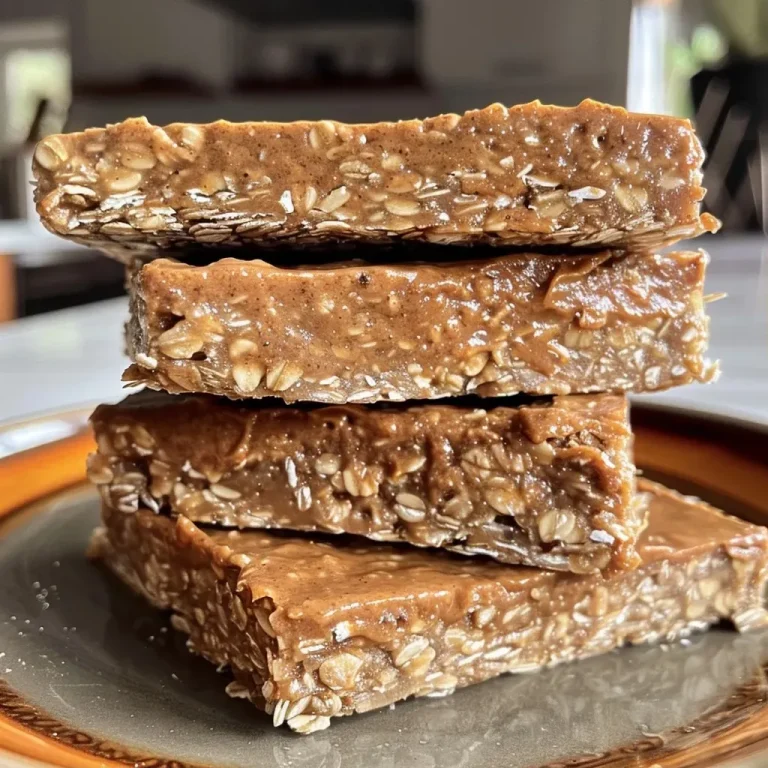 Close-up side view of juicy no-bake protein oat bars on a plate.