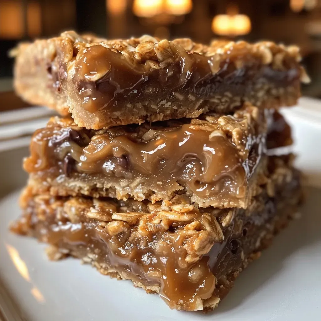 ['Close-up view of golden-brown oatmeal caramel bars with a gooey caramel layer.', 'Side angle of oatmeal caramel bars showcasing layers of chocolate, oats, and caramel.', 'Juicy oatmeal caramel bars displayed on a wooden board with a rich chocolate topping.', 'Deliciously baked caramel oatmeal bars with a glossy finish and sprinkled oats.']