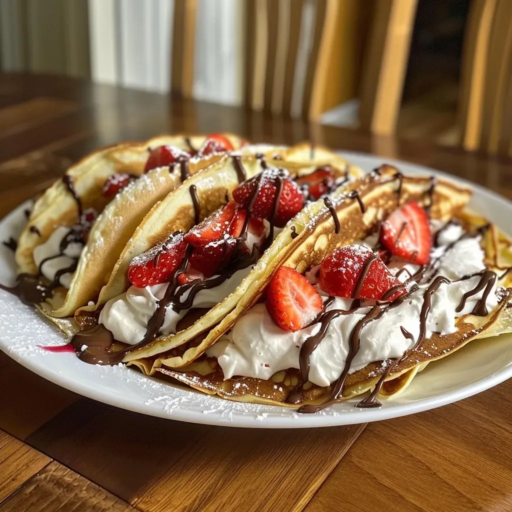 ['Close-up view of a pancake taco filled with berries and cream cheese.', 'Side view of a delicious pancake taco topped with chocolate syrup and strawberries.', 'Juicy pancake taco with vibrant berries and a drizzle of peanut butter.', 'Pancake taco showcasing layered cream cheese and whipped topping with fresh fruit.']