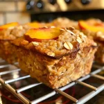 ['Side view of a fluffy peach oatmeal muffin with visible peach chunks and a golden-brown top.', 'Close-up of a baked peach oatmeal muffin showcasing a soft texture and peach pieces.', 'Juicy peach oatmeal muffin presented in a side profile, highlighting its moist interior.', 'Delicious peach oatmeal muffin captured from the side, with a light crust and fresh fruit.']