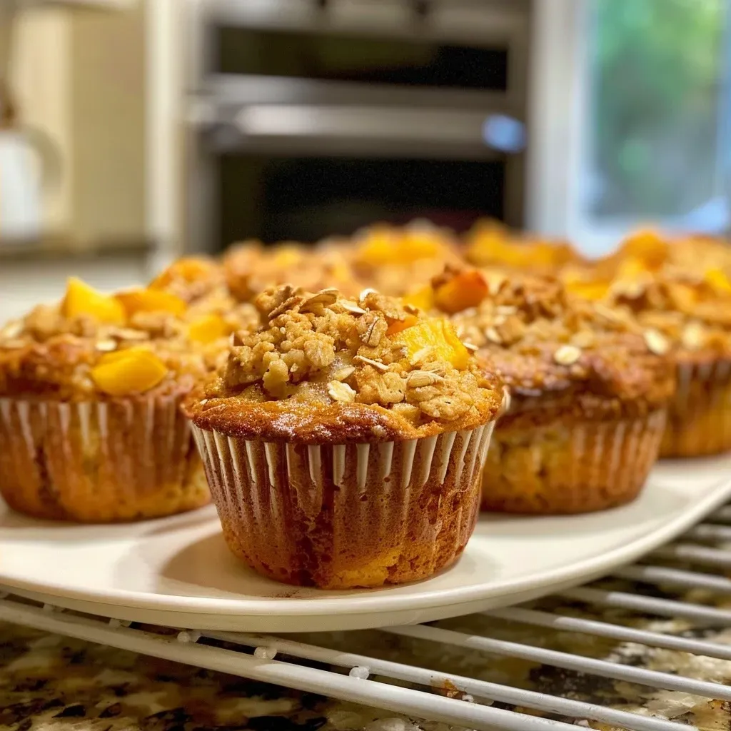 Side view of a fluffy peach oatmeal muffin with visible peach chunks and a golden-brown top.