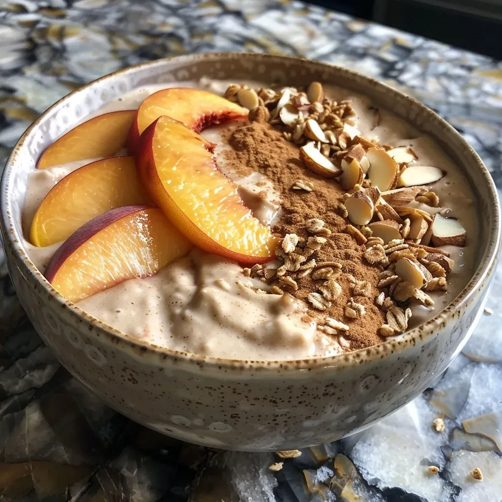 ['A close-up view of a Peach Smoothie Bowl topped with fresh peach slices, granola, and almonds.', 'A vibrant Peach Smoothie Bowl displayed from the side, featuring juicy peaches and crunchy toppings.', 'A detailed side shot of a Peach Smoothie Bowl, showcasing its creamy texture and colorful toppings.', 'A visually appealing Peach Smoothie Bowl with sliced peaches and granola, captured in natural light.']