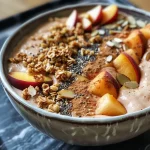 ['A close-up view of a peach smoothie bowl topped with fresh fruit and granola.', 'Side view of a peach smoothie bowl with vibrant colors from peach and blackberry toppings.', 'A textured peach smoothie bowl showcasing sliced peaches, blackberries, and granola.', 'Delicious peach smoothie bowl garnished with chia seeds, banana, and honey drizzle.']