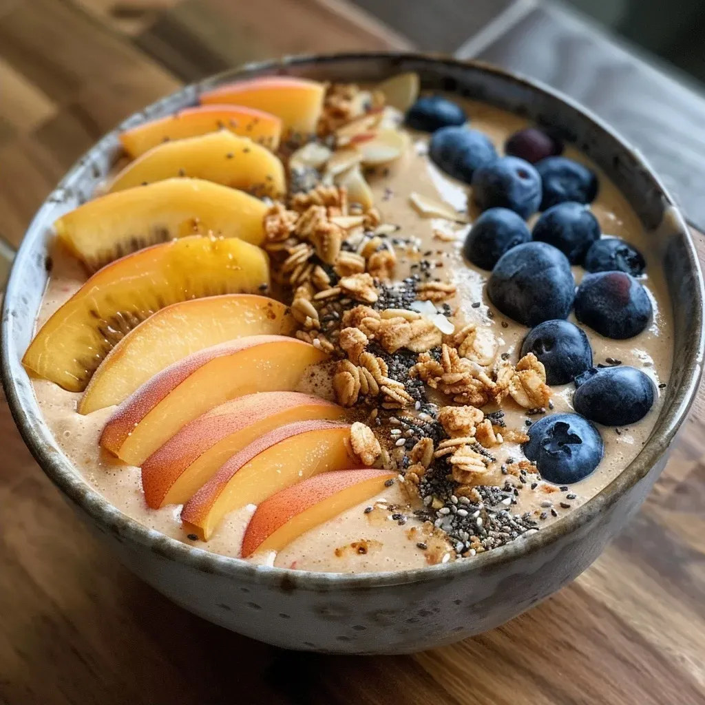 ['Close-up view of a peach smoothie bowl topped with fresh peach slices and granola.', 'Side view of a creamy peach smoothie bowl garnished with blueberries and coconut flakes.', 'Bright peach smoothie bowl filled with vibrant toppings including chia seeds and sliced almonds.', 'Refreshing peach smoothie bowl featuring banana slices and a drizzle of nut butter.']
