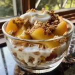 A close-up side view of a peach yogurt parfait layered with Greek yogurt, peach slices, and granola.