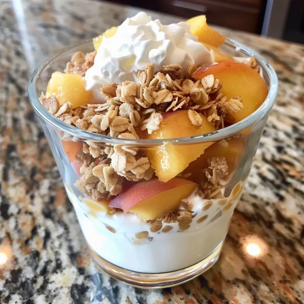 A delicious peach yogurt parfait featuring layers of yogurt, peach compote, and crunchy granola.