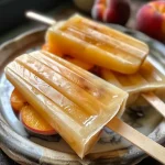['Close-up of vibrant peach and cream popsicles on a wooden table.', 'Juicy popsicles with peach slices and creamy texture showcased side view.', 'Refreshing homemade popsicles made from peaches and yogurt in a sunny setting.', 'Colorful peaches and cream popsicles with a smooth, creamy surface.']