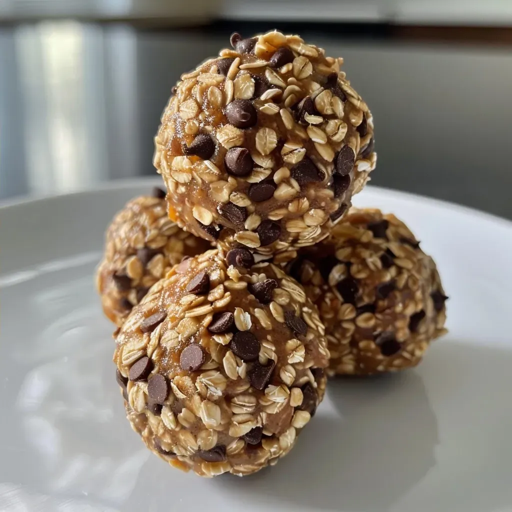 ['A close-up side view of Peanut Butter Oat Balls stacked on a rustic wooden surface.', 'Juicy and delicious Peanut Butter Oat Balls displayed in a light, natural setting.', 'A detailed shot of round Peanut Butter Oat Balls with visible oats and chocolate chips.', 'A side view of freshly made Peanut Butter Oat Balls on a wooden board, highlighting their texture.']