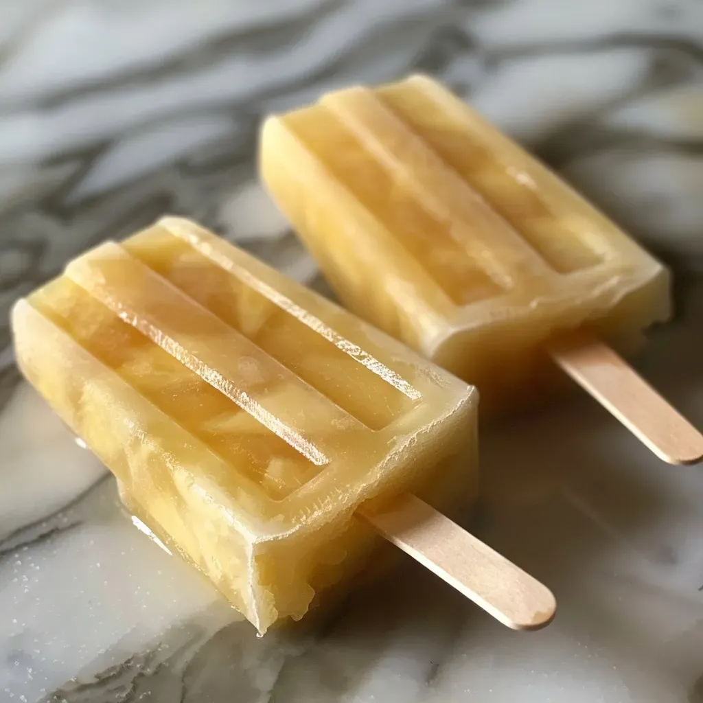 ['Close-up of two pineapple cream popsicles with a creamy texture.', 'Side view of refreshing pineapple popsicles set against a light background.', 'Juicy pineapple popsicles with a smooth coconut cream layer.', 'Bright yellow pineapple cream popsicles on a wooden surface.']