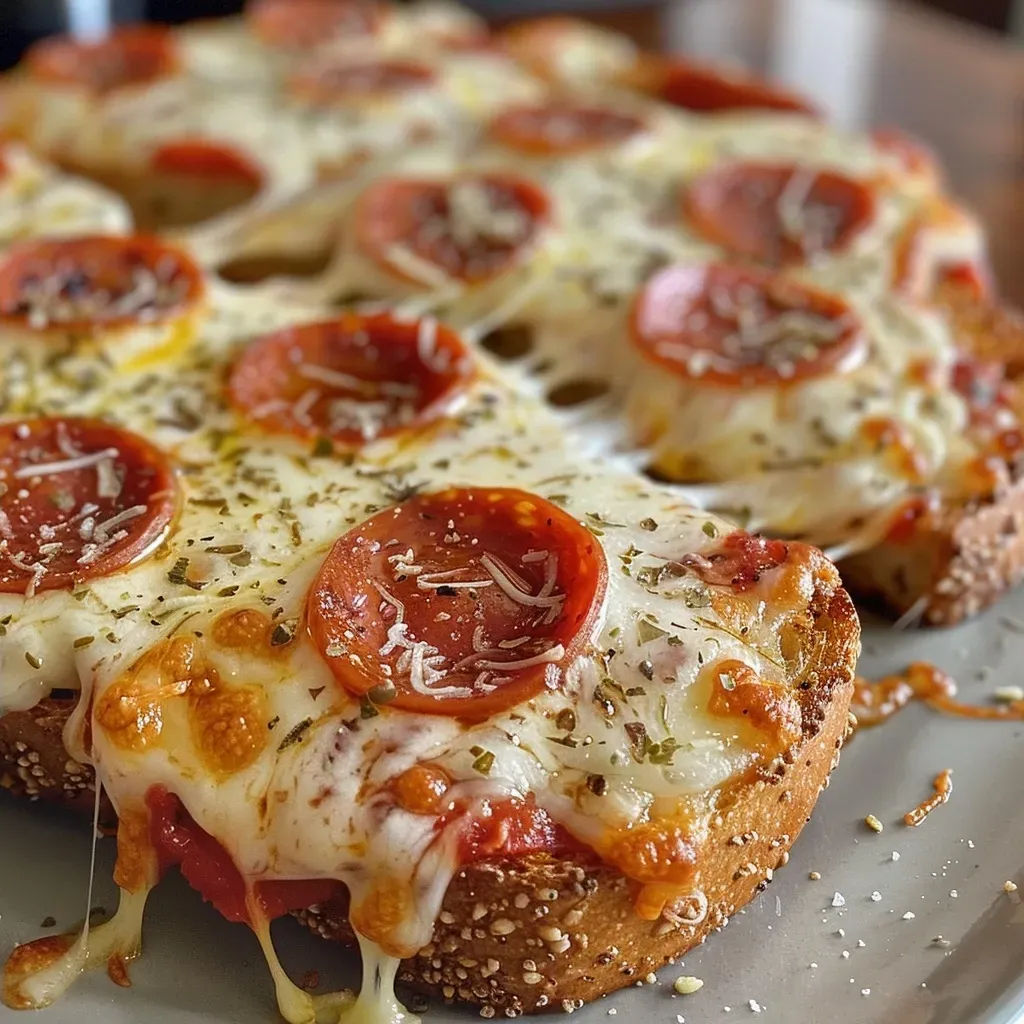 ['Close-up view of golden-brown pizza toast topped with melted cheese and mini pepperonis.', 'Side angle of pizza toast showcasing layers of cheese and vibrant pizza sauce on soft bread.', 'Juicy pizza toast featuring crispy edges, gooey mozzarella, and colorful pepperonis.', 'Appetizing slice of pizza toast with rich tomato sauce, stringy cheese, and pepperoni bites.']