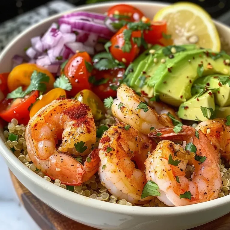 ['Close-up view of a Quinoa Bowl topped with large shrimp, cherry tomatoes, and avocado.', 'Side view of a Quinoa Bowl featuring shrimp, fresh vegetables, and garnished with cilantro.', 'A vibrant Quinoa Bowl with shrimp, avocado, and red onion captured in detail.', 'Juicy shrimp nestled in a Quinoa Bowl, surrounded by colorful ingredients like tomatoes and avocado.']