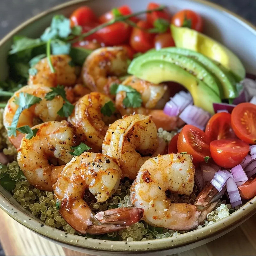 ['Close-up view of a Quinoa Bowl topped with large shrimp, cherry tomatoes, and avocado.', 'Side view of a Quinoa Bowl featuring shrimp, fresh vegetables, and garnished with cilantro.', 'A vibrant Quinoa Bowl with shrimp, avocado, and red onion captured in detail.', 'Juicy shrimp nestled in a Quinoa Bowl, surrounded by colorful ingredients like tomatoes and avocado.']