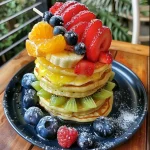A close-up side view of colorful rainbow pancakes stacked with fruit skewers beside them.