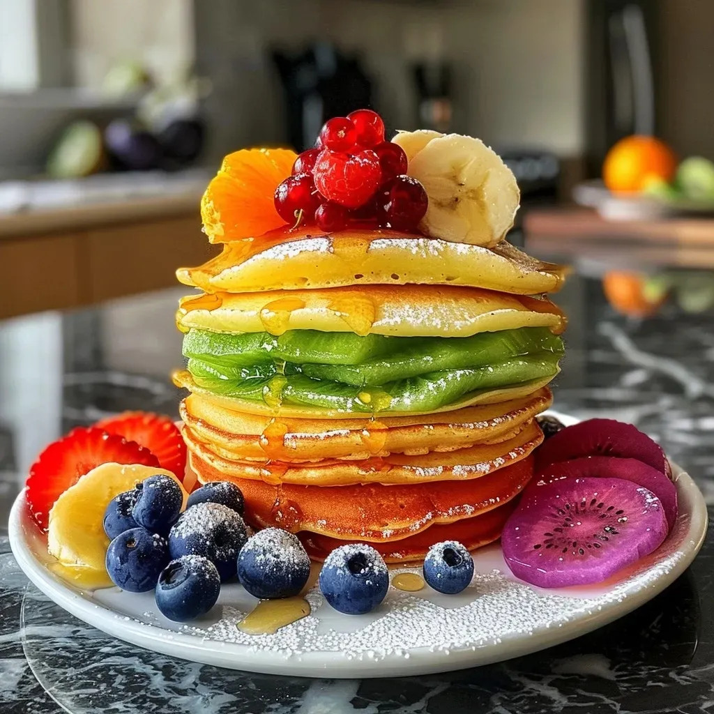 Juicy rainbow pancakes layered with vibrant fruit skewers, showcasing various fruits.