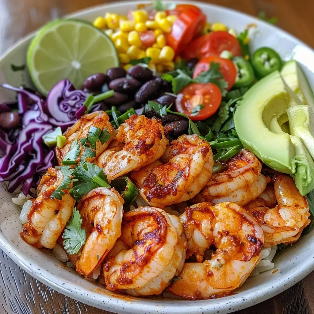 ['A vibrant shrimp taco rice bowl with colorful toppings, viewed from the side.', 'Close-up of a juicy shrimp taco rice bowl featuring fresh ingredients and garnishes.', 'A detailed look at a shrimp taco rice bowl with shrimp, avocado, and cherry tomatoes.', 'Side view of a delicious shrimp taco rice bowl, showcasing its colorful components.']