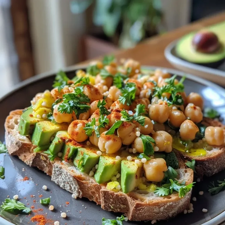 ['Close-up view of a slice of spicy chickpea avocado toast topped with chili flakes.', 'Side view of a toasted sourdough slice with mashed avocado and seasoned chickpeas.', 'Juicy avocado toast adorned with chickpeas and spices, displayed on a wooden surface.', 'A vibrant piece of avocado toast featuring chickpeas and garnished with spices.']