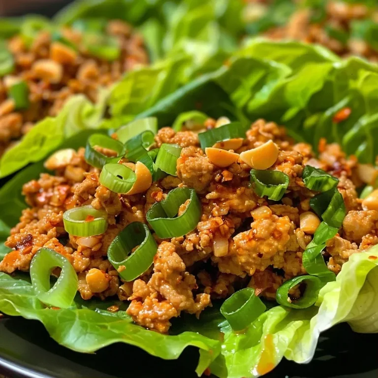['Close-up of Spicy Turkey Lettuce Cups filled with turkey, water chestnuts, and green onions.', 'Side view of juicy Spicy Turkey Lettuce Cups garnished with peanuts and herbs.', 'Delicious Spicy Turkey Lettuce Cups wrapped in crisp lettuce leaves on a plate.', 'A vibrant arrangement of Spicy Turkey Lettuce Cups showcasing colorful ingredients.']
