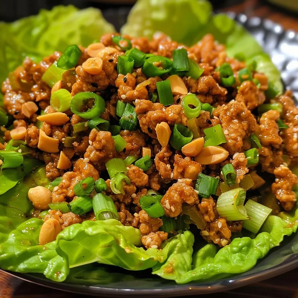 ['Close-up of Spicy Turkey Lettuce Cups filled with turkey, water chestnuts, and green onions.', 'Side view of juicy Spicy Turkey Lettuce Cups garnished with peanuts and herbs.', 'Delicious Spicy Turkey Lettuce Cups wrapped in crisp lettuce leaves on a plate.', 'A vibrant arrangement of Spicy Turkey Lettuce Cups showcasing colorful ingredients.']