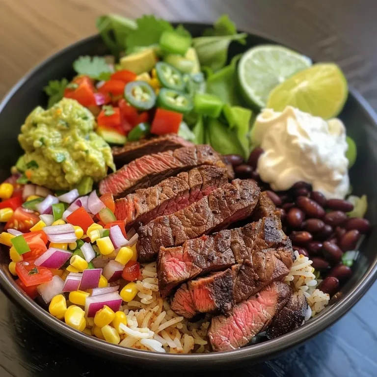 ['Close-up view of a colorful steak burrito bowl with fresh ingredients.', 'Side view of a steak burrito bowl featuring steak, rice, and vegetables.', 'Juicy steak burrito bowl arranged with toppings and garnishes.', 'Appetizing steak burrito bowl displaying layers of rice, beans, and veggies.']