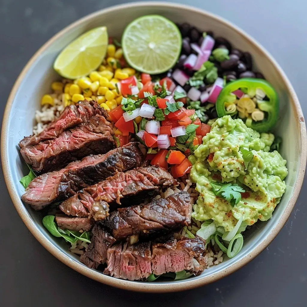 ['Close-up view of a colorful steak burrito bowl with fresh ingredients.', 'Side view of a steak burrito bowl featuring steak, rice, and vegetables.', 'Juicy steak burrito bowl arranged with toppings and garnishes.', 'Appetizing steak burrito bowl displaying layers of rice, beans, and veggies.']