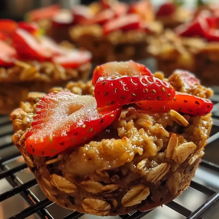['Close-up view of Strawberry Banana Baked Oatmeal Cups with fresh fruit toppings.', 'Side angle photo of baked oatmeal cups featuring strawberries and bananas.', 'Juicy Strawberry Banana Baked Oatmeal Cups displayed on a white plate.', 'Delicious oatmeal cups made with strawberries and bananas in focus from a side view.']