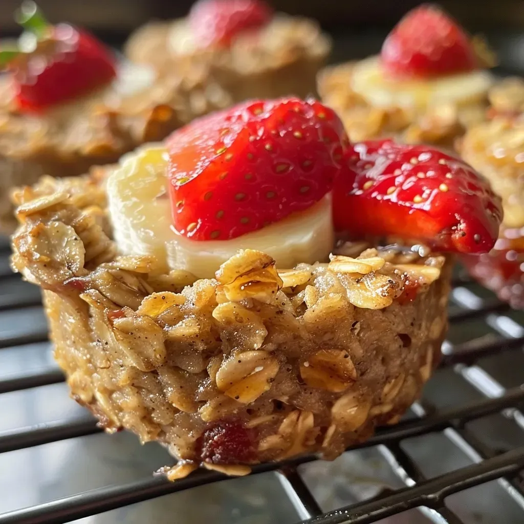 ['Close-up view of Strawberry Banana Baked Oatmeal Cups with fresh fruit toppings.', 'Side angle photo of baked oatmeal cups featuring strawberries and bananas.', 'Juicy Strawberry Banana Baked Oatmeal Cups displayed on a white plate.', 'Delicious oatmeal cups made with strawberries and bananas in focus from a side view.']