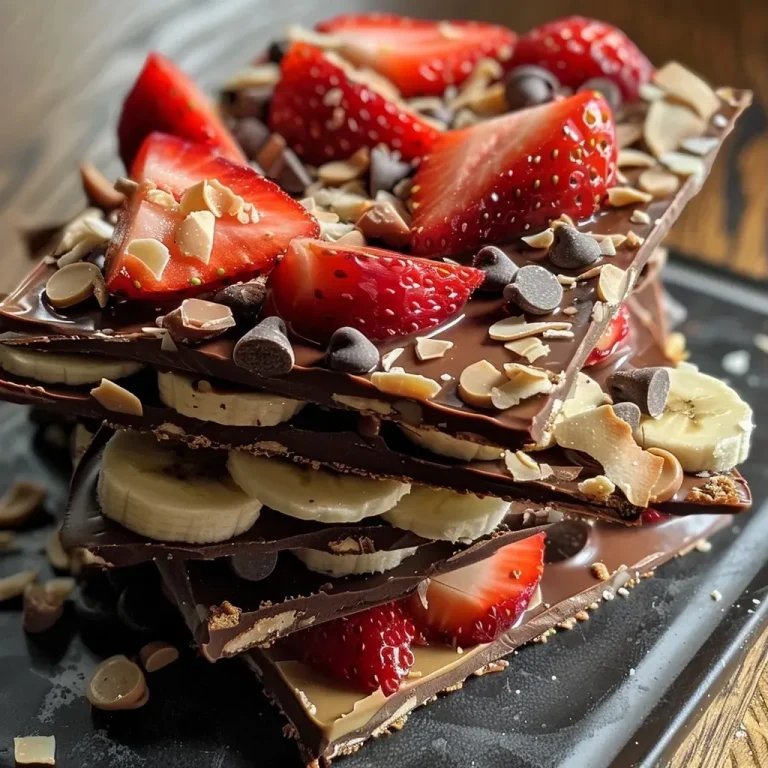 ['Close-up view of Strawberry Banana Bark with sliced strawberries and banana topped with chocolate chips.', 'Side view of a colorful Strawberry Banana Bark featuring creamy peanut butter and coconut flakes.', 'Juicy Strawberry Banana Bark displayed with fresh fruit pieces and drizzled chocolate.', 'Vibrant Strawberry Banana Bark showcasing layers of strawberries, banana slices, and crunchy granola.']