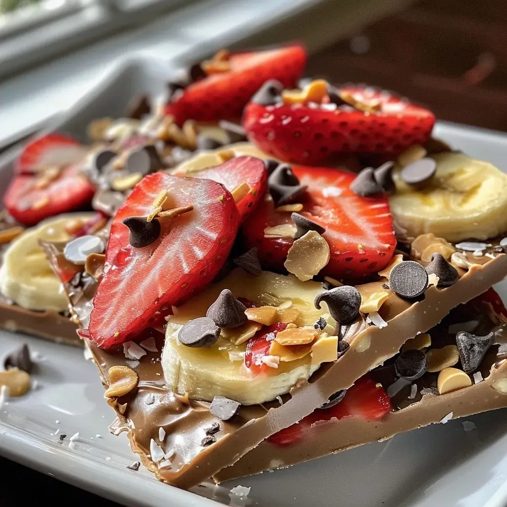 Close-up view of Strawberry Banana Bark with sliced strawberries and banana topped with chocolate chips.